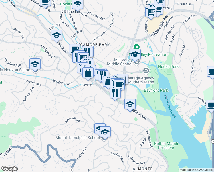 map of restaurants, bars, coffee shops, grocery stores, and more near 525 Miller Avenue in Mill Valley