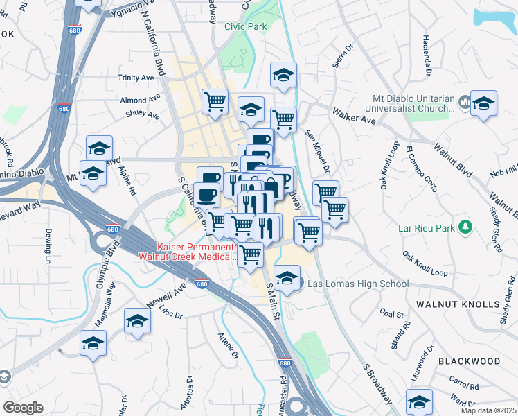 map of restaurants, bars, coffee shops, grocery stores, and more near 8 Broadway Lane in Walnut Creek