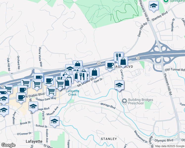 map of restaurants, bars, coffee shops, grocery stores, and more near 3375 Mount Diablo Boulevard in Lafayette