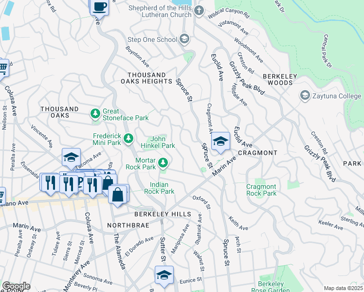 map of restaurants, bars, coffee shops, grocery stores, and more near 810 San Luis Road in Berkeley