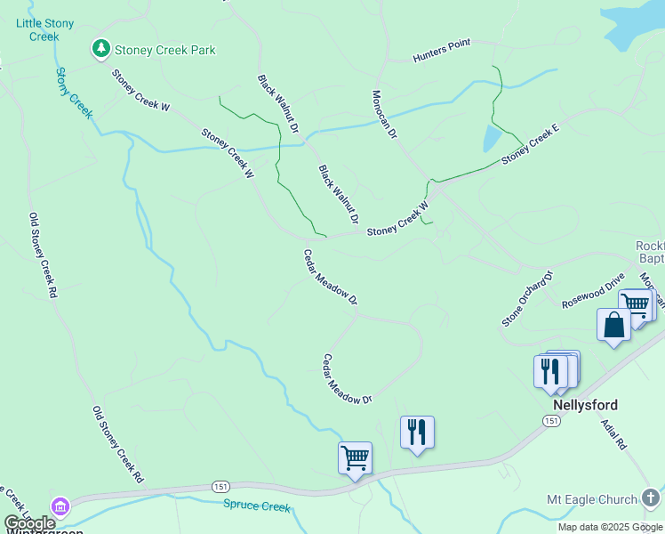 map of restaurants, bars, coffee shops, grocery stores, and more near 125 Cedar Meadow Drive in Nellysford