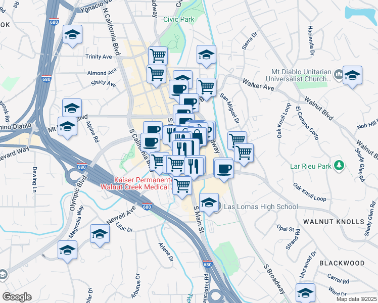 map of restaurants, bars, coffee shops, grocery stores, and more near 1320 Broadway Plaza in Walnut Creek