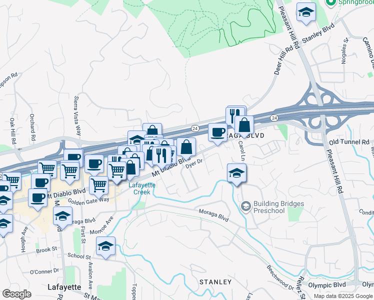 map of restaurants, bars, coffee shops, grocery stores, and more near 3375 Mount Diablo Boulevard in Lafayette