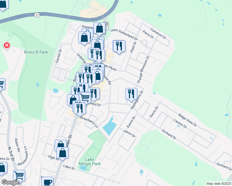 map of restaurants, bars, coffee shops, grocery stores, and more near 105 Orchard Court in Nicholasville