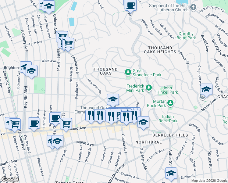 map of restaurants, bars, coffee shops, grocery stores, and more near 1843 Capistrano Avenue in Berkeley