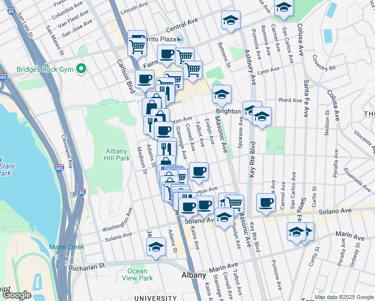 map of restaurants, bars, coffee shops, grocery stores, and more near 627 Stannage Avenue in Albany