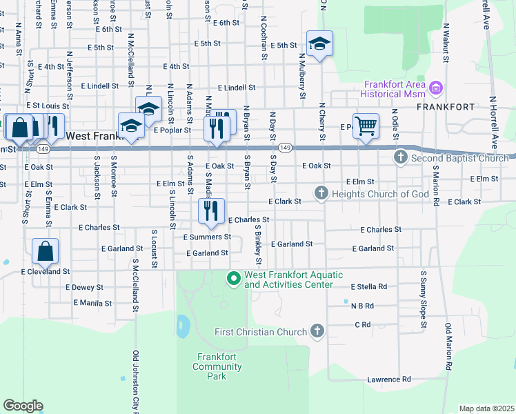 map of restaurants, bars, coffee shops, grocery stores, and more near 1200-1230 E Charles St in West Frankfort
