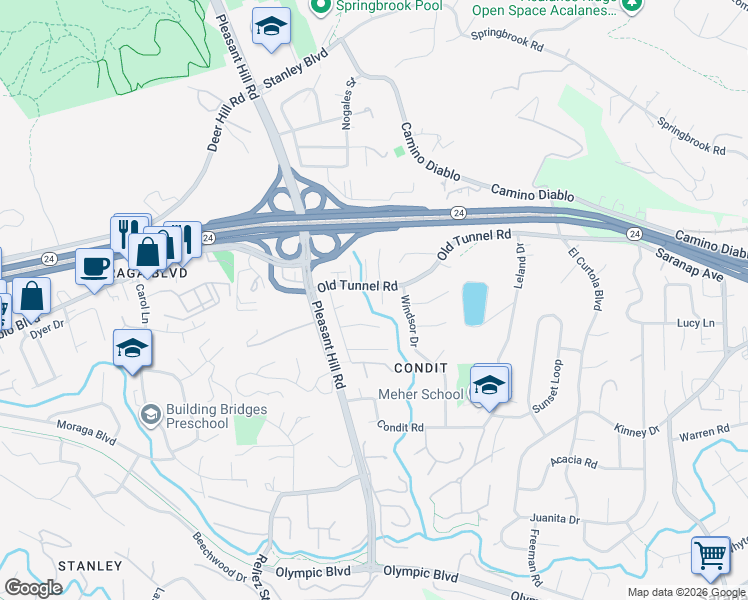 map of restaurants, bars, coffee shops, grocery stores, and more near 1040 Lindsey Court in Lafayette