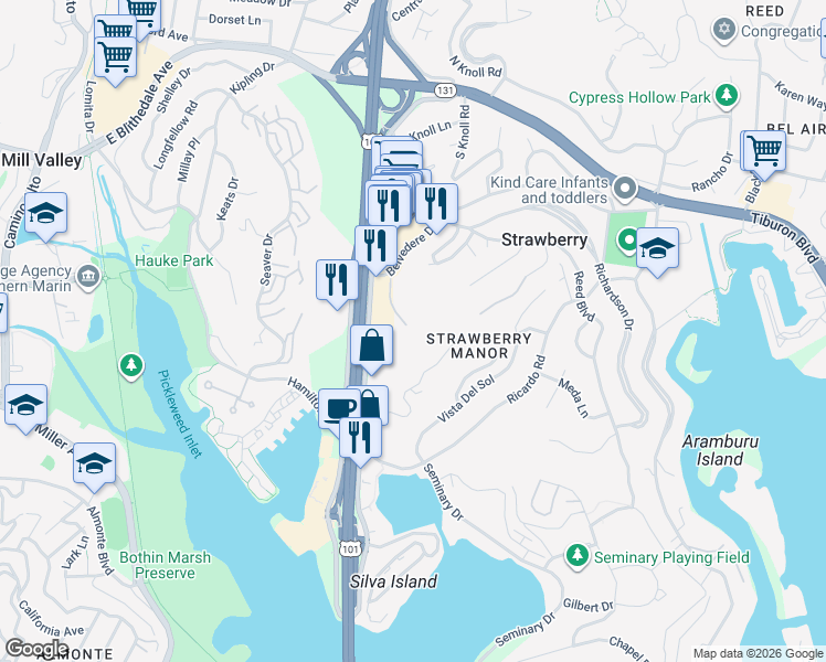 map of restaurants, bars, coffee shops, grocery stores, and more near 2 Belvedere Place in Mill Valley