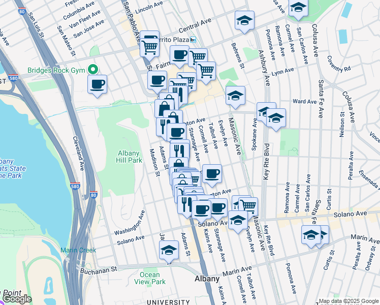 map of restaurants, bars, coffee shops, grocery stores, and more near 1120 Garfield Avenue in Albany