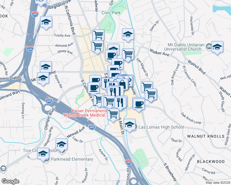 map of restaurants, bars, coffee shops, grocery stores, and more near 72 Broadway Lane in Walnut Creek