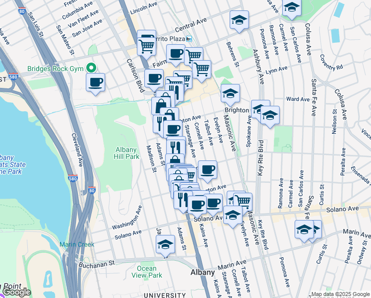 map of restaurants, bars, coffee shops, grocery stores, and more near 1120 Garfield Avenue in Albany