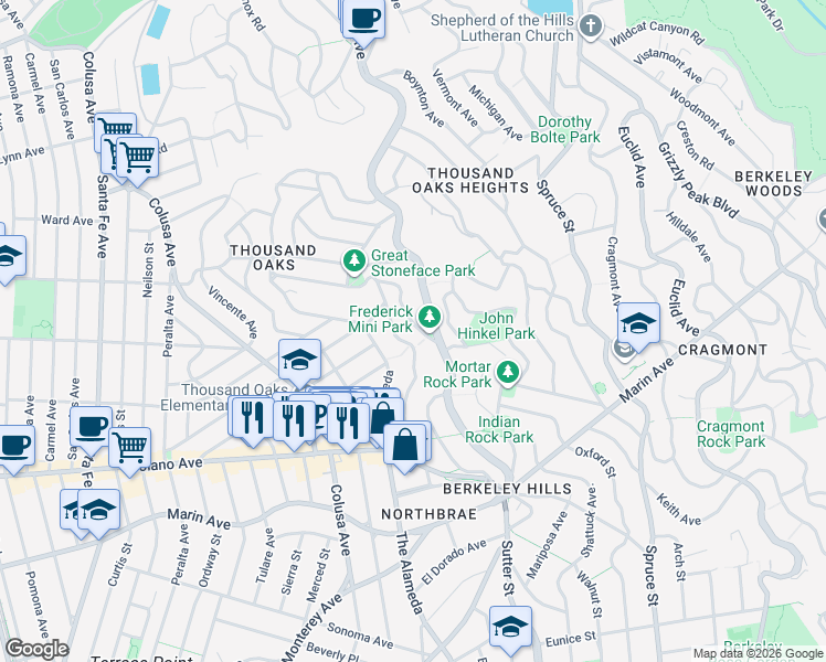 map of restaurants, bars, coffee shops, grocery stores, and more near 1994 Yosemite Road in Berkeley