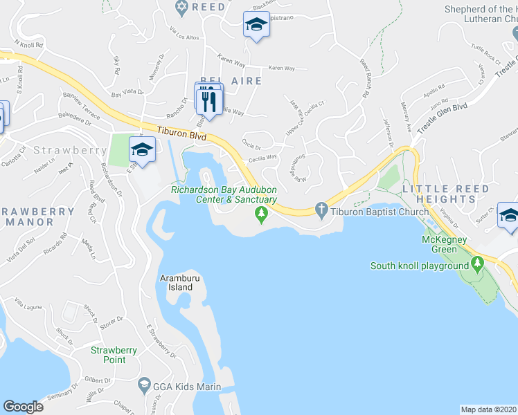 map of restaurants, bars, coffee shops, grocery stores, and more near 376 Greenwood Beach Road in Marin County