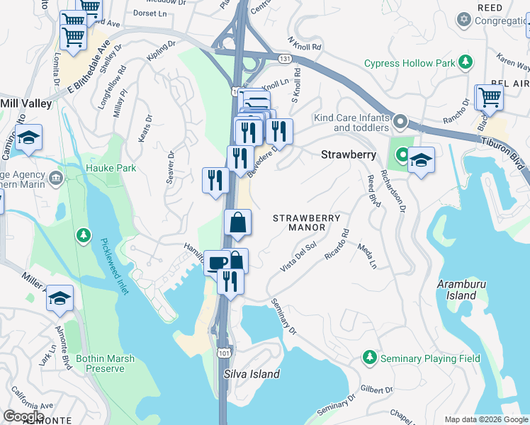 map of restaurants, bars, coffee shops, grocery stores, and more near 2 Belvedere Place in Mill Valley