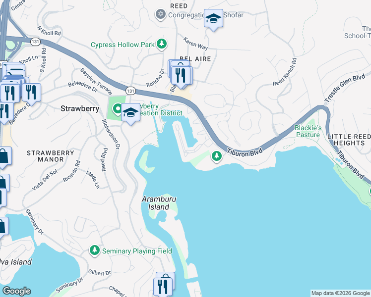 map of restaurants, bars, coffee shops, grocery stores, and more near 96 Barbaree Way in Tiburon