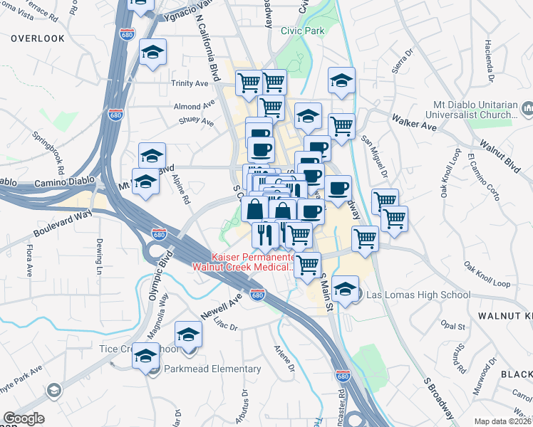 map of restaurants, bars, coffee shops, grocery stores, and more near 1141 Locust Street in Walnut Creek