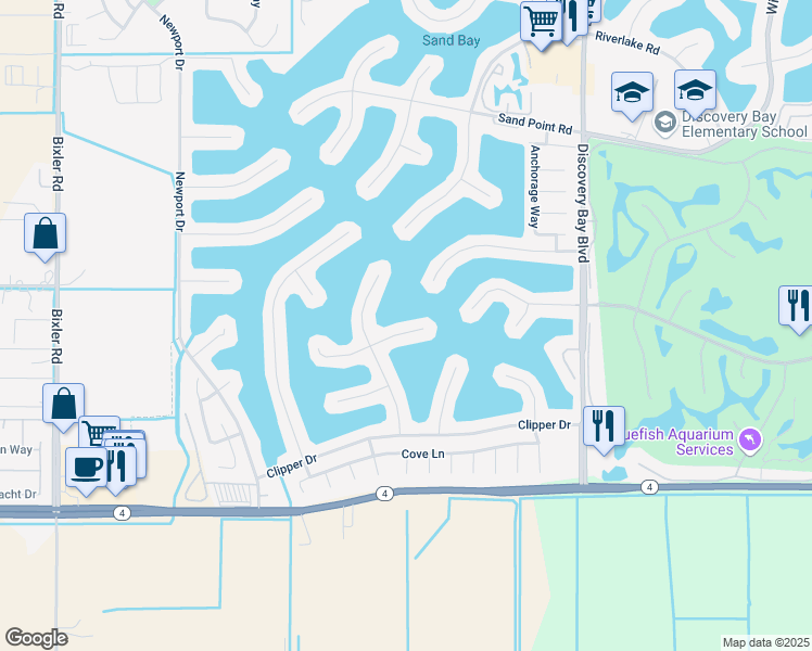 map of restaurants, bars, coffee shops, grocery stores, and more near 4451 Driftwood Court in Discovery Bay