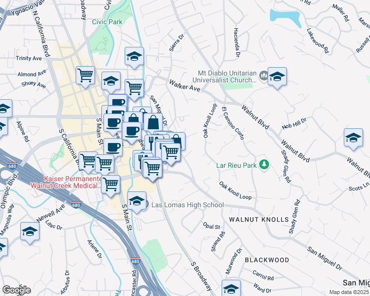 map of restaurants, bars, coffee shops, grocery stores, and more near 1866-1872 San Miguel Drive in Walnut Creek