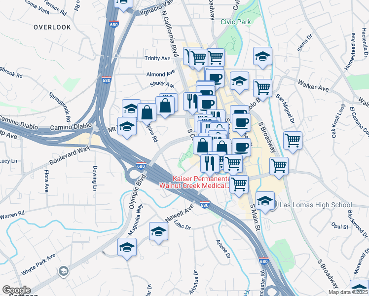 map of restaurants, bars, coffee shops, grocery stores, and more near 1330 Alma Avenue in Walnut Creek