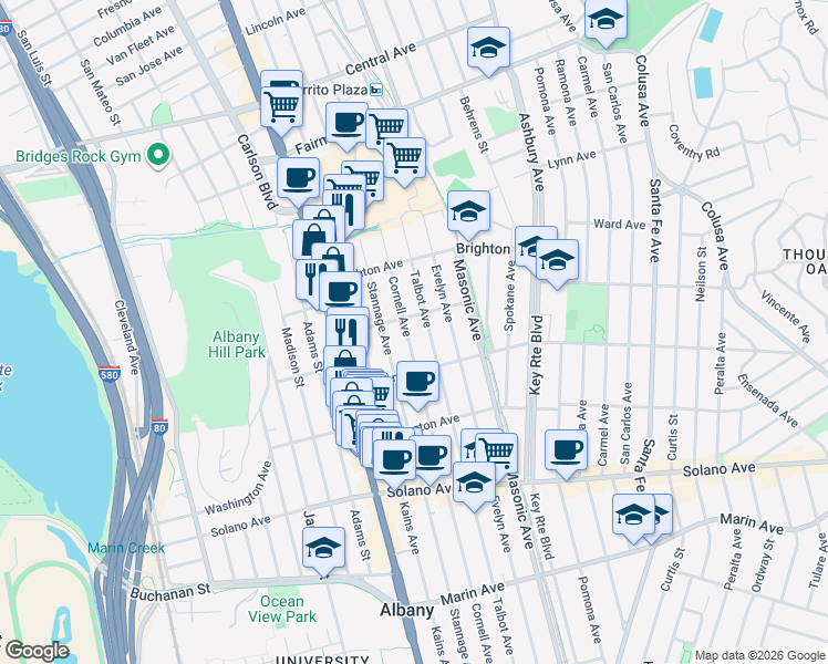 map of restaurants, bars, coffee shops, grocery stores, and more near 627 Stannage Avenue in Albany