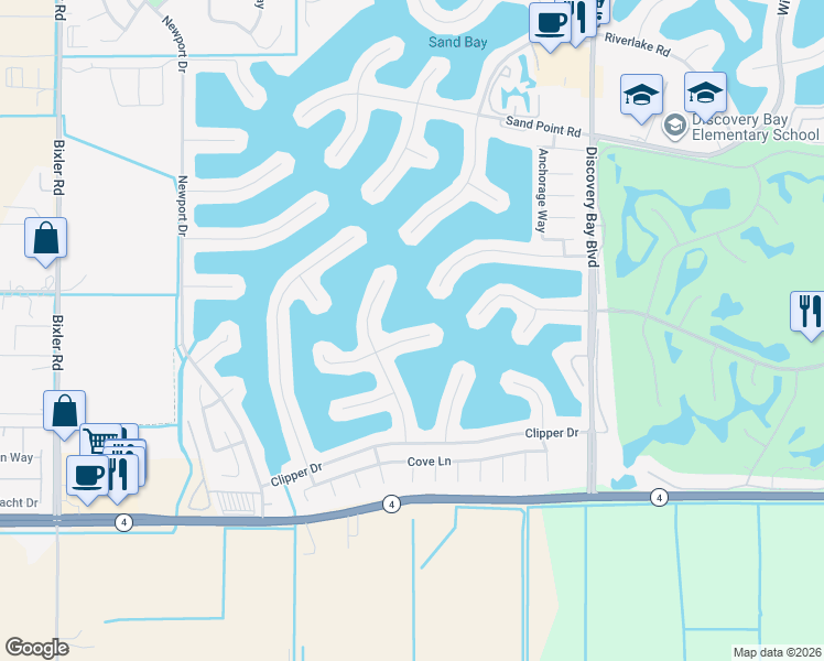 map of restaurants, bars, coffee shops, grocery stores, and more near 4451 Driftwood Court in Discovery Bay