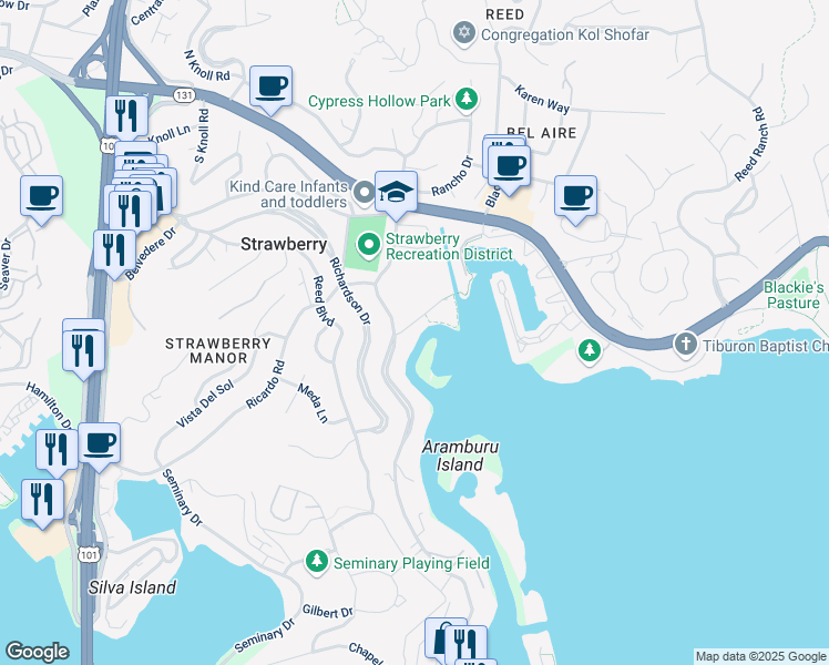 map of restaurants, bars, coffee shops, grocery stores, and more near 223 East Strawberry Drive in Mill Valley