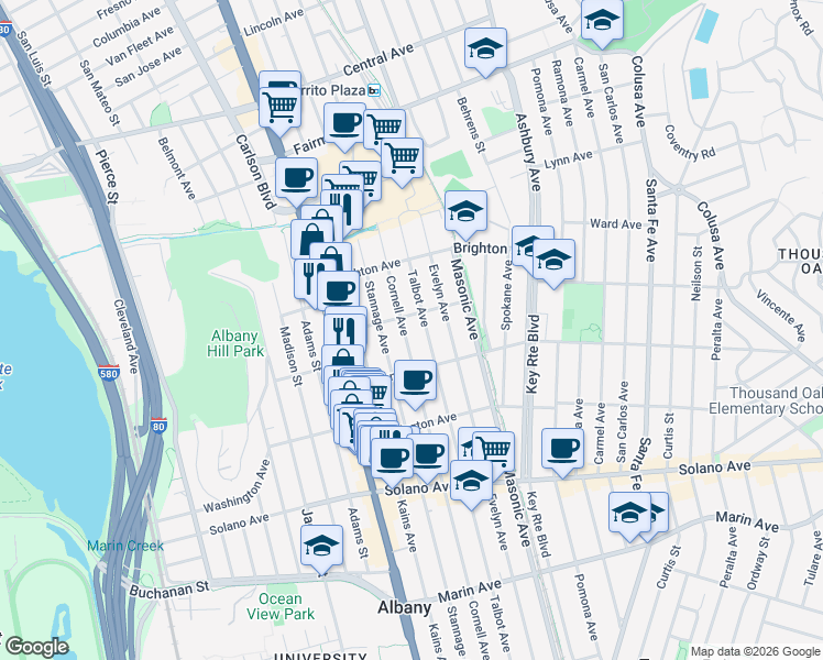 map of restaurants, bars, coffee shops, grocery stores, and more near 627 Stannage Avenue in Albany