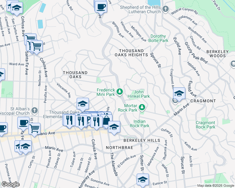 map of restaurants, bars, coffee shops, grocery stores, and more near 754 Arlington Avenue in Berkeley