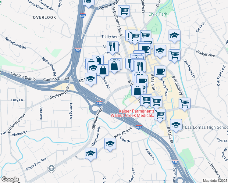 map of restaurants, bars, coffee shops, grocery stores, and more near 1870 Olympic Boulevard in Walnut Creek