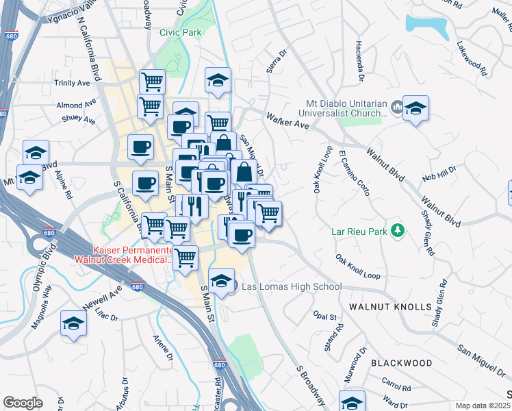 map of restaurants, bars, coffee shops, grocery stores, and more near 16 Holcomb Court in Walnut Creek