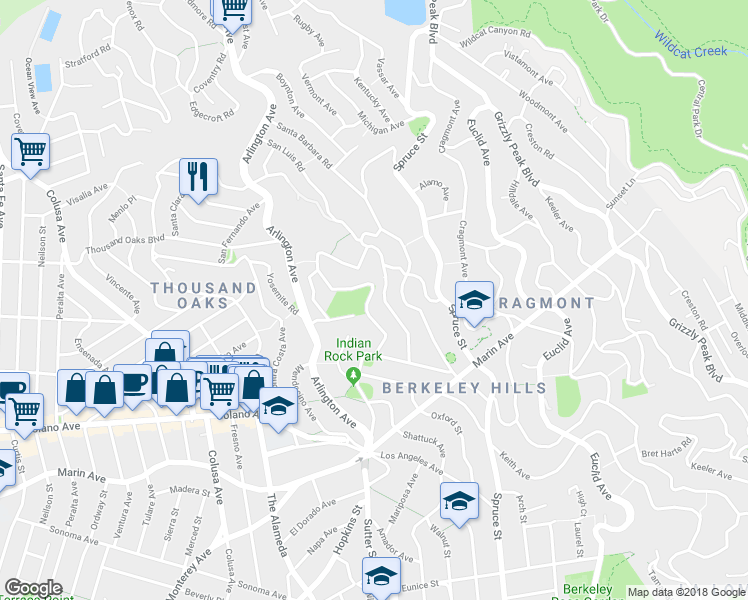 map of restaurants, bars, coffee shops, grocery stores, and more near 771 San Diego Road in Berkeley