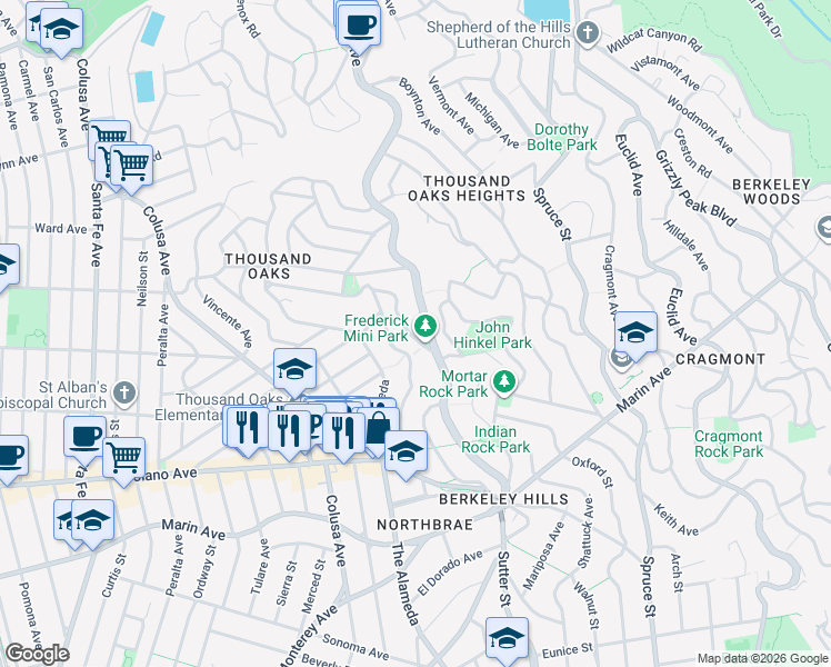 map of restaurants, bars, coffee shops, grocery stores, and more near 754 Arlington Avenue in Berkeley