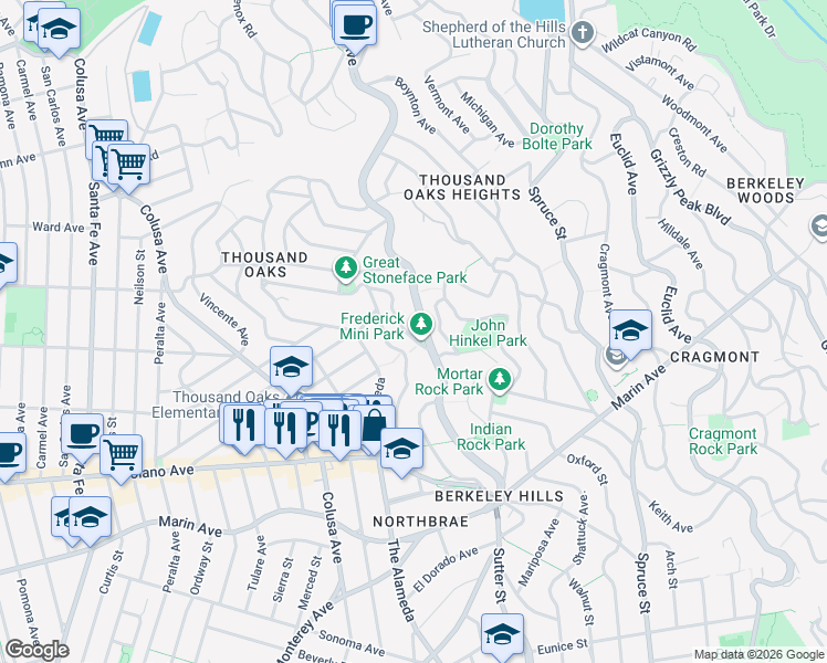 map of restaurants, bars, coffee shops, grocery stores, and more near 754 Arlington Avenue in Berkeley