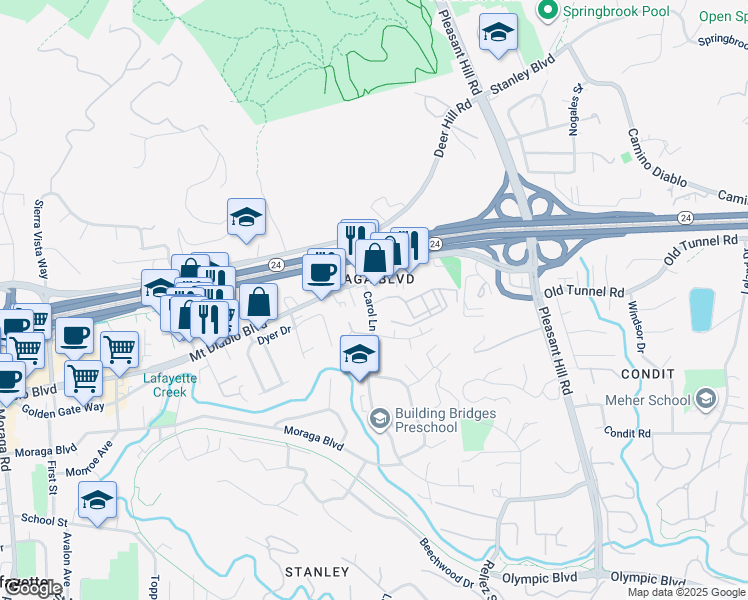 map of restaurants, bars, coffee shops, grocery stores, and more near 1076 Carol Lane in Lafayette