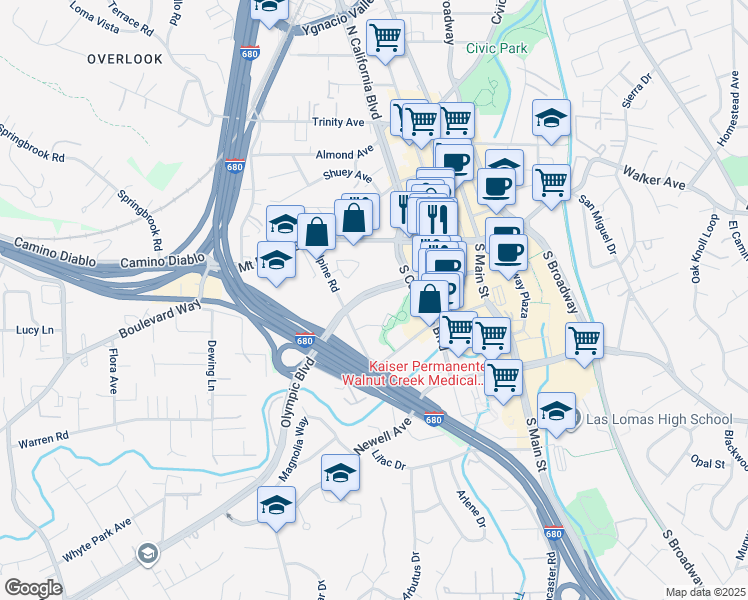 map of restaurants, bars, coffee shops, grocery stores, and more near 1768 Olympic Boulevard in Walnut Creek
