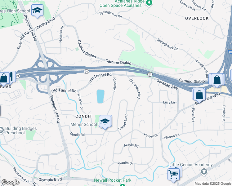 map of restaurants, bars, coffee shops, grocery stores, and more near 1056 Leland Drive in Lafayette
