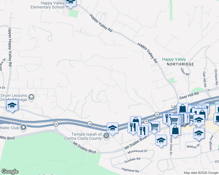 map of restaurants, bars, coffee shops, grocery stores, and more near 1122 Vía Media in Lafayette