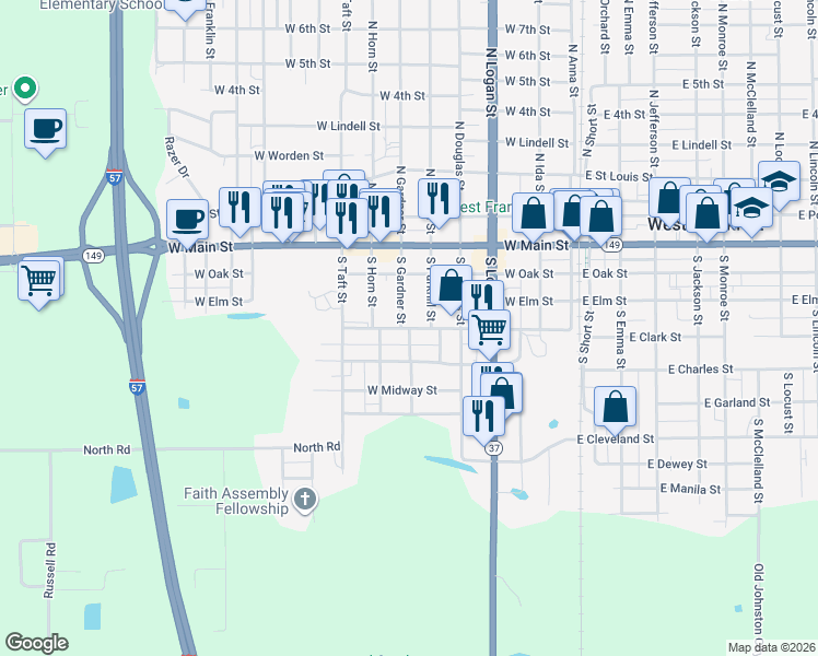 map of restaurants, bars, coffee shops, grocery stores, and more near 401 Brown Street in West Frankfort