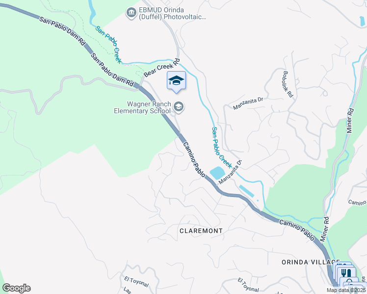 map of restaurants, bars, coffee shops, grocery stores, and more near 289 Camino Pablo in Orinda