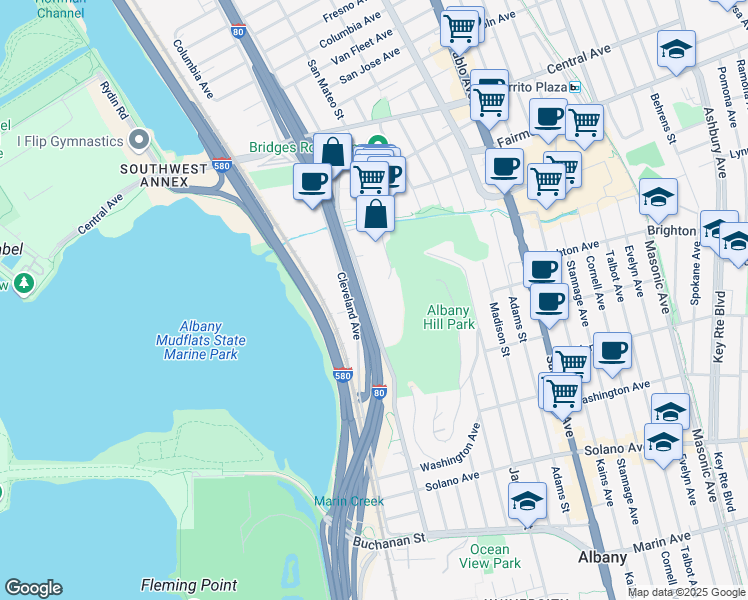 map of restaurants, bars, coffee shops, grocery stores, and more near 545 Pierce Street in Albany