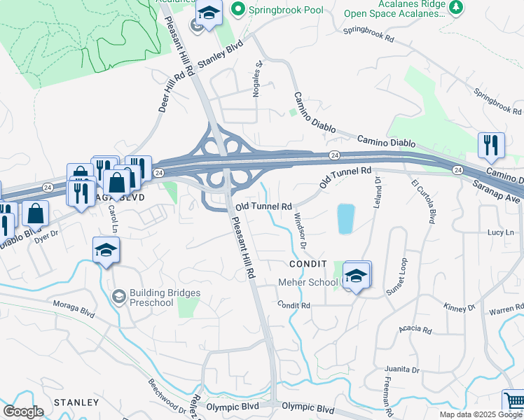 map of restaurants, bars, coffee shops, grocery stores, and more near 3190 Old Tunnel Road in Lafayette
