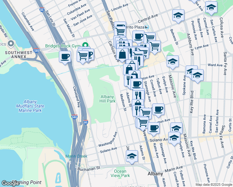 map of restaurants, bars, coffee shops, grocery stores, and more near 537 Madison Street in Albany