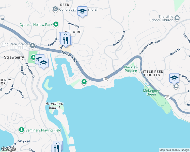 map of restaurants, bars, coffee shops, grocery stores, and more near 6 Janet Way in Tiburon