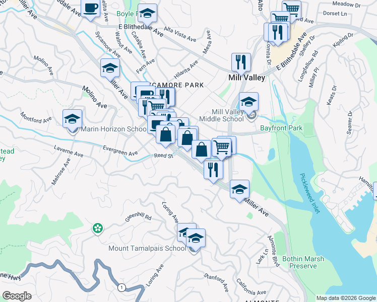 map of restaurants, bars, coffee shops, grocery stores, and more near 1 Plymouth Avenue in Mill Valley