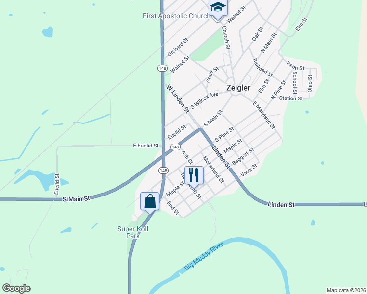 map of restaurants, bars, coffee shops, grocery stores, and more near 322-464 South Main Street in Zeigler