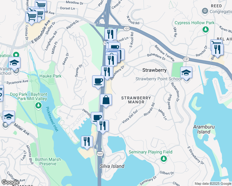 map of restaurants, bars, coffee shops, grocery stores, and more near 1 Belvedere Drive in Mill Valley