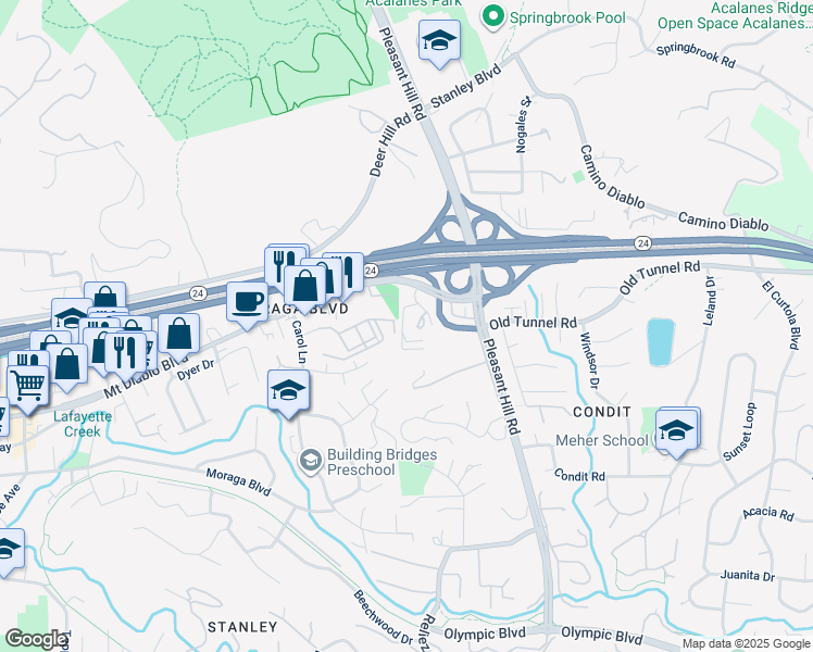 map of restaurants, bars, coffee shops, grocery stores, and more near 3279 Mount Diablo Court in Lafayette