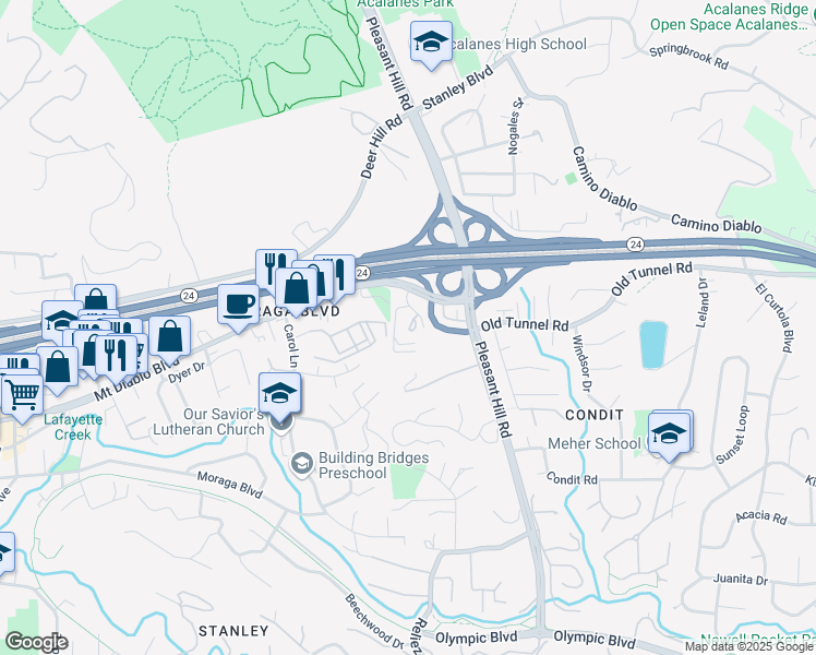 map of restaurants, bars, coffee shops, grocery stores, and more near 3279 Mount Diablo Court in Lafayette