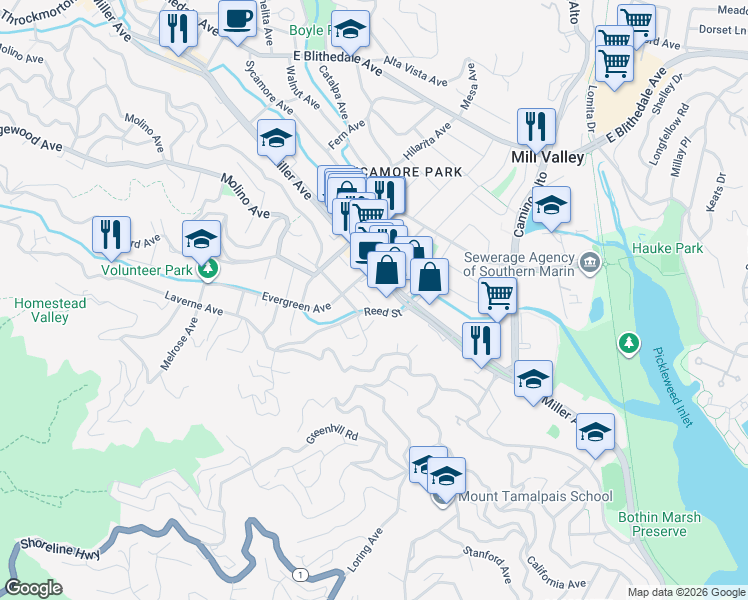 map of restaurants, bars, coffee shops, grocery stores, and more near 21 Evergreen Avenue in Mill Valley
